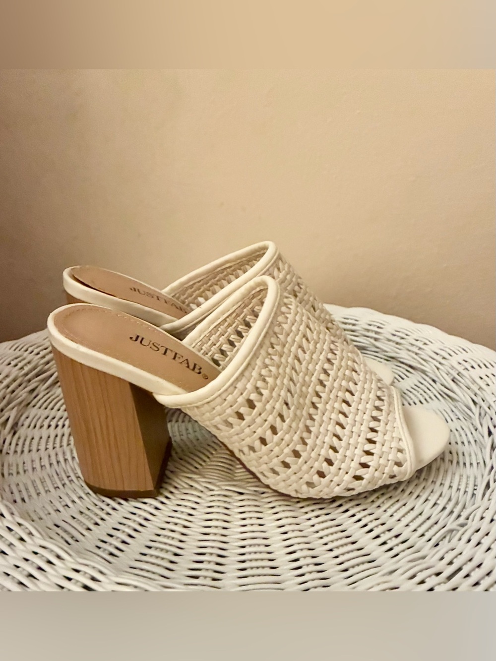 JustFab Cream Woven Open-Toe Block Heel Mules with Wood-Tone Heel🌼